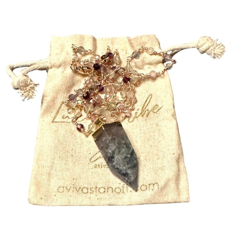Handmade Crystal Point Pendant Necklace With Multicolor Beaded Chain & Gold - Picture 10 of 10